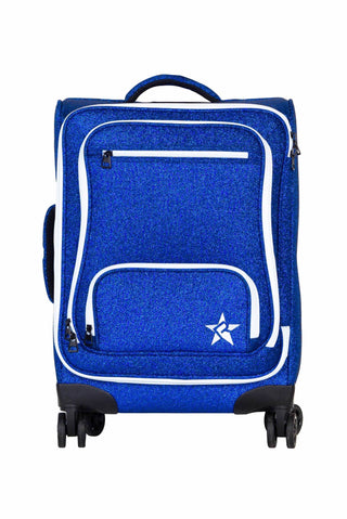 A blue glittery spinner suitcase with white piping and a white star logo on the front pocket, shown against a plain white background.